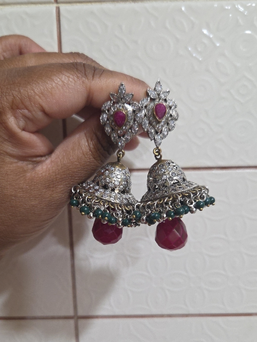 Silver-Tone Jhumka Earrings with Pink and Green Stones - Women Jewelry